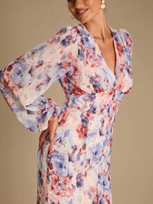 Enchnt 秋冬浪漫女士紫色花卉提花 V 领灯笼袖收腰长裙，时尚优雅，适合度假、约会、节日、毕业典礼、婚礼宾客、办公室、外出、万圣节和圣诞节，女士秋季连衣裙，女士秋季服装，女士秋季服装，返校 - 藍色 - 查看 3