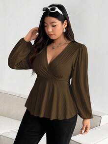 Vionelle Áo thun nữ tay dài cổ chữ V tay phồng xếp nếp họa tiết dệt kim viền eo màu mơ cỡ lớn - màu nâu - Xem 3