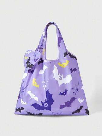 Grunge Punk Contrast Color Bat & Star Pattern Large Capacity Foldable Tote Bag With Coin Purse