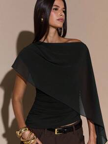 SHEIN BAE Women's Asymmetric Shoulder Ruched Neck Tie Knit Top, Elegant Fitted Sweater, Autumn/Winter,Black Top - Black - View 7