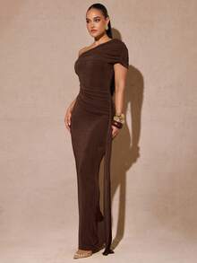 Silquee 女士优雅时尚派对纯色不对称领口荷叶边修身连衣裙，婚礼宾客礼服 - 咖啡棕 - 查看 5