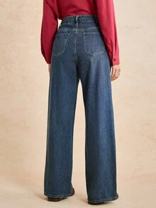 Écloséra Women's Pocketed Wide Leg Loose Casual Versatile Denim Pants Y2k - Dark Wash - View 2