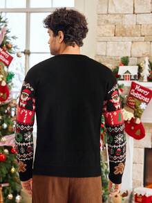 Manfinity VCAY Men's Crew Neck Long Sleeve Christmas Element Pattern Sweater, New Year Glamour - Black - View 2