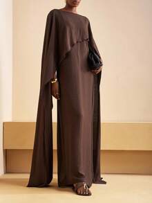 Zivah 2025 Autumn And Winter New Commuting Elegant Casual Vacation Brown Round Neck Sleeveless Long Dress + Asymmetrical Shawl Blouse Women Two Pieces Set, Travel, Commuting, Party, Vacation, Old Money Style, Shopping, Banquet, Elegant, Party, Date,Cozy Fall And Winter Clothes For Women