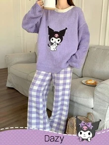 HELLO KITTY AND FRIENDS | SHEIN 女士冬季半羊毛针织卡通刺绣上衣和格子提花裤宽松睡衣套装，秋装 - 紫色 - 查看 5