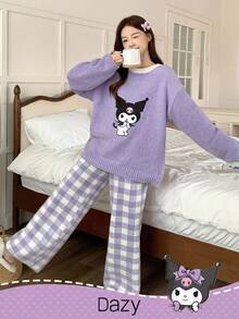 HELLO KITTY AND FRIENDS | SHEIN 女士冬季半羊毛针织卡通刺绣上衣和格子提花裤宽松睡衣套装，秋装 - 紫色 - 查看 7