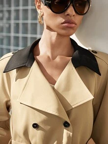 Lumivelle 女士时尚英伦风格撞色领扣长款风衣 - 卡其色 - 查看 7