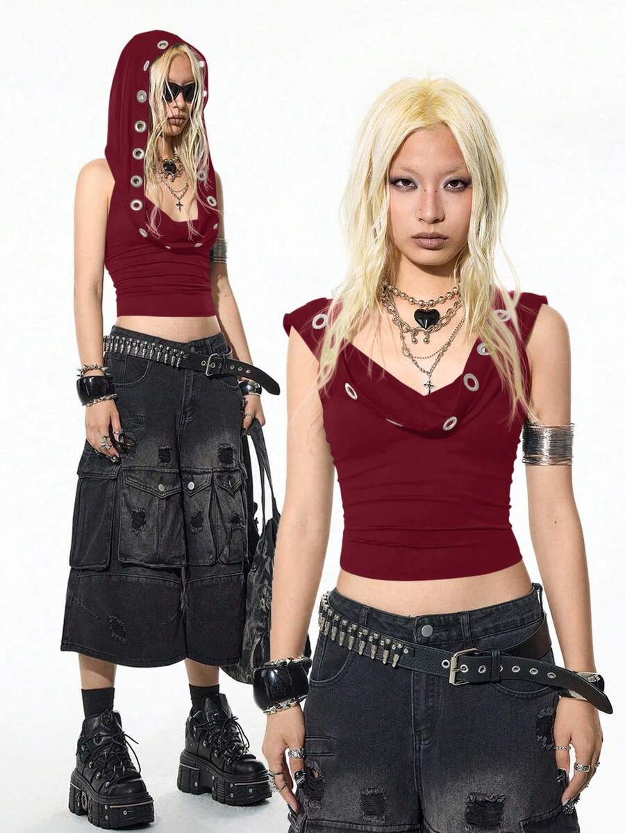 StreetHx 街头服饰女式夏季孔眼装饰无袖连帽背心 - 酒紅色 - 查看 1