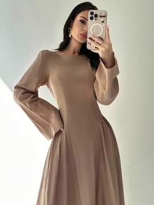 Firerie Váy cotton nguyên chất màu nâu, dáng chữ A, cổ thuyền, eo thắt, tay loe, đơn giản, phong cách đường phố, thời trang thu đông dành cho nữ - màu nâu - Xem 4