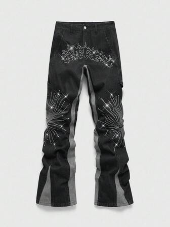 Street Life Jeans a zampa uomo con patchwork, colori a contrasto, strass e stile grunge