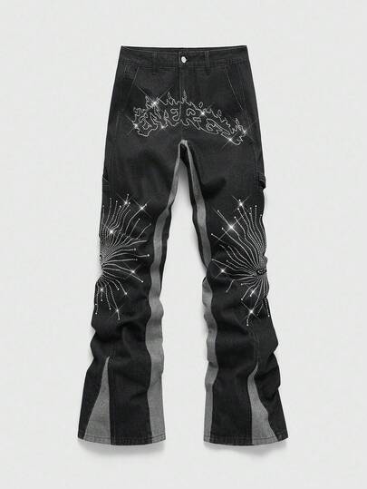 ROMWE MEN Street Life 男士拼布撞色街头水钻多层喇叭牛仔裤，垃圾摇滚