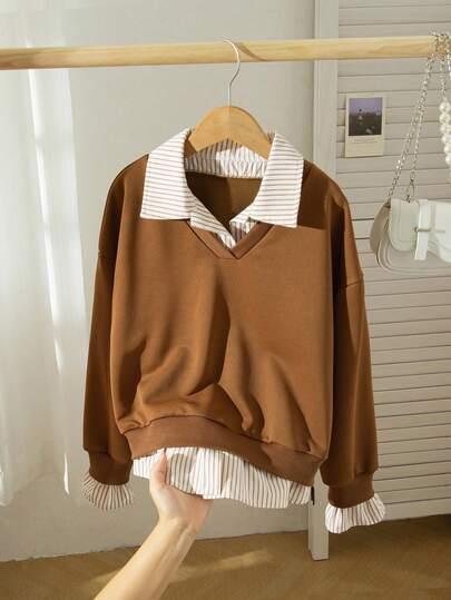 少女休闲纯色针织卫衣，V领，宽松拼接条纹梭织衬衫领长袖两用卫衣，秋冬款