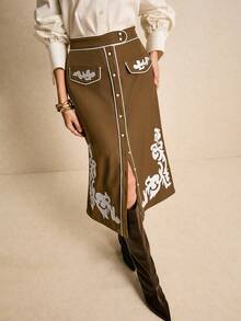 Poéselle Women's Elegant Commuter  Skirt With Embroidered Buttons  Button-Front And Contrast Piping Brown Skirt Graphic Skirt Western Skirts Brown Long Skirt - Brown - View 6