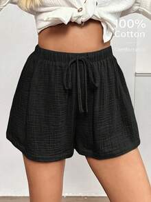 SHEIN LUNE Women's Casual Comfortable Cotton Elastic Waist Shorts, Suitable For Daily Leisure And Retro Outfits, Summer - Black - View 2
