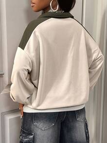 BamGleam Women's Letter & Striped Drop Shoulder Long Sleeve Zip-Up Casual Loose Sweatshirt, Autumn/Winter - Khaki - View 2