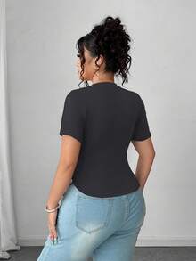Elenzga Plus Size Round Neck Short Sleeve Casual T-Shirt With Side Tie Drawstring And Heart Shaped Pearl Decor - Dark Grey - View 2