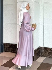 DAZY 女士优雅纯色灯笼袖系带裹身式中长连衣裙，款式端庄时尚 - 粉色 - 查看 3