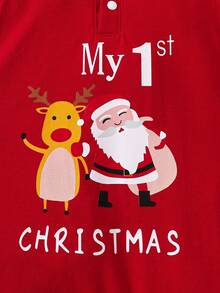 SHEIN Playful Pals Neugeborenen Baby Jungen Lässig Weihnachts-Weihnachtsmann & Rentier Buchstaben Muster Farbblock Langarm Kapuzen-Jumpsuit, geeignet für Weihnachten, Neugeborene, Feste, weiches & bequemes Material