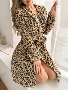 SHEIN Women's Soft Leopard Print Fluffy Belted Flannel Robe, Autumn/Winter Loungewear, Cozy - Yellow - View 2