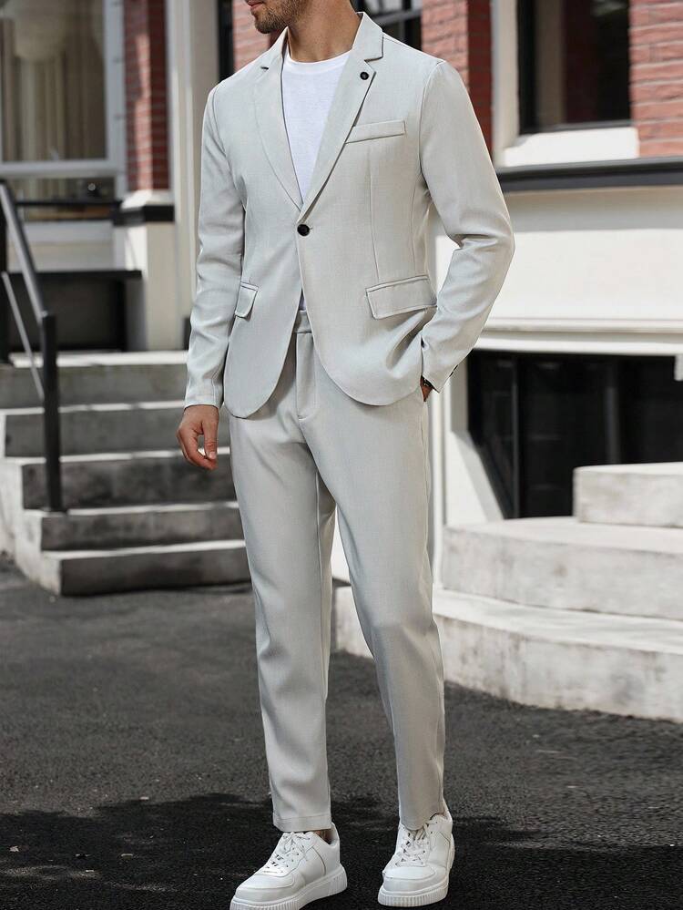 Manfinity Mode Panowie Jesienny Jednorzędowy Marynarka z Wyciętymi Klapami i Spodnie 2 Częściowy Zestaw Garniturowy Dla Mężczyzn Szampan Męski Garnitur - Szary - Zobacz 4