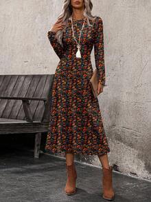 EMERY ROSE 女式花卉印花长袖束腰连衣裙，适合春秋季户外穿着 - 彩色 - 查看 5