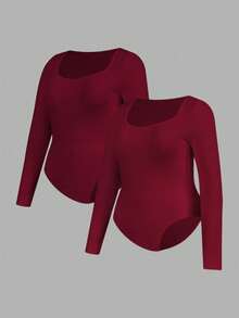 SHEIN Essnce Modische Lässig Business Outfit für Damen in Große Größen, 2-teilig, Schwarz, Burgund, Ankerrot, Mehrteiliger enger Jumpsuit mit Bodycon-Schnitt, Quadratischem Ausschnitt und Langarm