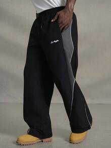 PAVTROS 男士休闲拼色抽绳直筒裤，宽松长款拼接黑色直筒运动裤 - 黑色 - 查看 6