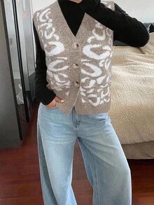 Siren Gaze 女式豹纹V领单排扣休闲针织背心，秋季 - 彩色 - 查看 6