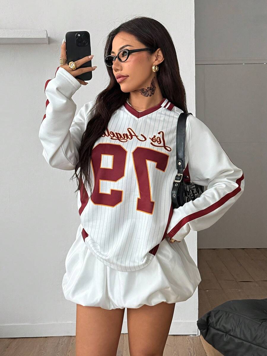 Coolane Women's & Men's Winter Streetwear Rave Outfit Couple Same Style Back To School Game Day Athleisure Number Pattern Lapel V-Neck White Football Oversized Jersey T-Shirt