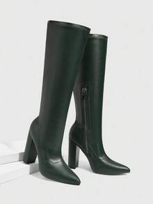 Daringsoles Pointed Toe Chunky Heel Autumn/Winter Boots, Elastic Tight Fitting Black Side Zipper Sexy Women's Over-The-Knee Leather Boots For Christmas - Green - View 3