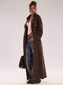 SHEIN BAE 秋季时尚通勤纯色双排扣长款风衣 - 咖啡棕 - 查看 1