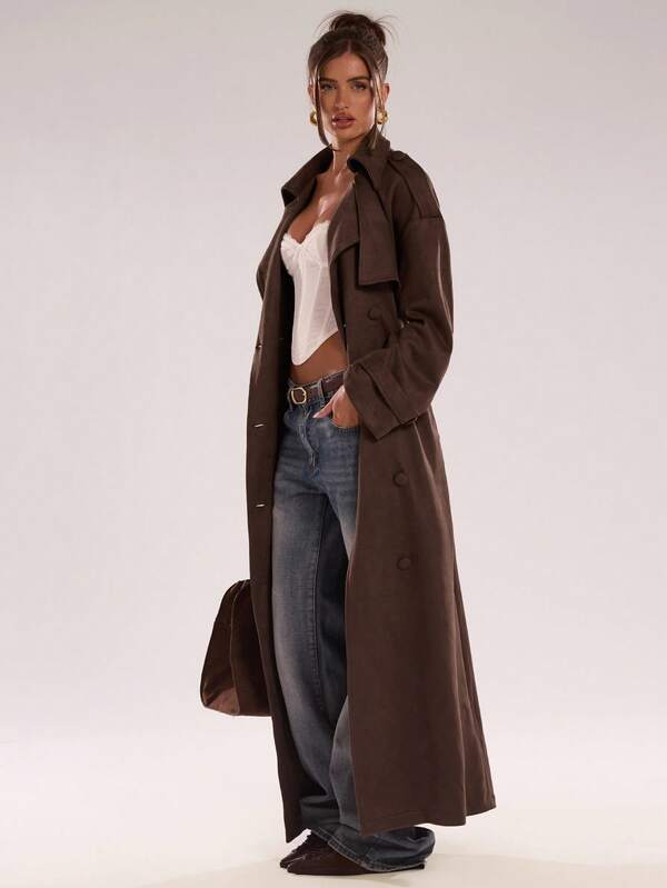 SHEIN BAE Women's Autumn/Winter Commuter Style Solid-Color Suede Double-Breasted Long Trench Coat,Brown Coat,Casual Coat For Women,Women's Winter Coat,Fall,Cozy Fall And Winter Clothes For Women