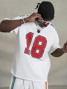 PAVTROS 男士宽松数字字母印花短袖平纹 T 恤、街头服饰、男友礼物 - 白色 - 查看 1