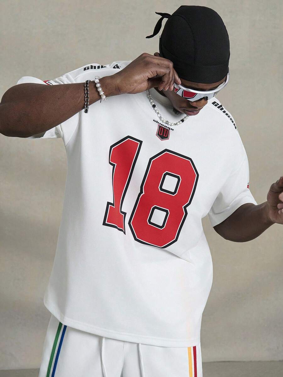 PAVTROS 男士宽松数字字母印花短袖平纹 T 恤、街头服饰、男友礼物 - 白色 - 查看 1