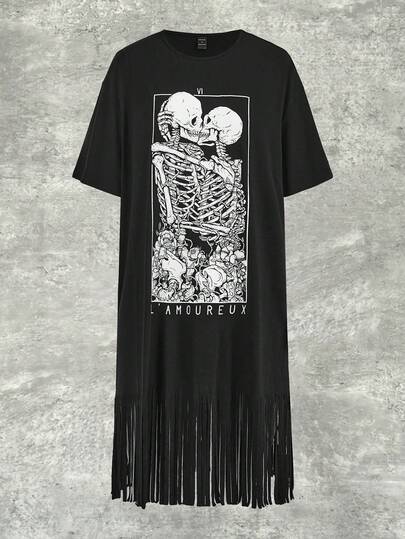 Y2Kool Deniart Artist Dark Casual Loose-Fit Fringe Hem Women's Dress With Printed Round Neck, Summer Dress, Holiday, Party, Vacation Concert Outfit, Birthday Outfits, Beach, Festival, Rave Outfits Festival, Ibiza Fits, Western Wear Going Out Autumn Y2K Clothes Stylish Clothing Collection New Year Outfits
