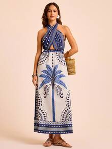 CAJUNI Backless Geometric Palm Tree Print Dress, Sexy For Vacation - Multicolor - View 7
