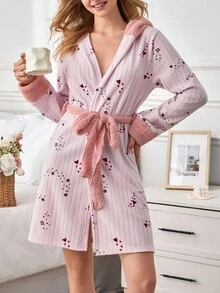 EURMUSE Women Pelush Fuzzy Fabric With Star&Polka Dot Pattern Belted Homewear Comfort Robe - Pink - View 4