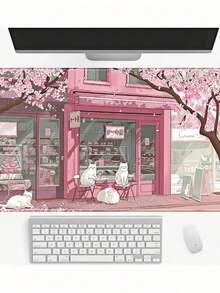 Tấm lót chuột cỡ lớn họa tiết hoa anh đào màu hồng, miếng lót bàn hình mèo anime dễ thương có đế cao su chống trượt, miếng lót bàn chơi game có viền khâu cho PC Gaming - Nhiều màu - Xem 3
