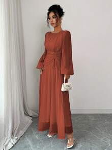 Elenzga 女士春夏法式浪漫西西里优雅休闲通勤度假下午茶派对圆领褶皱腰抽绳 A 字形松紧腰长袖长裙 - 鏽棕色 - 查看 4