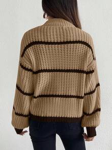 Celisse Casual Contrast Color Striped Drop Shoulder Sweater, Autumn/Winter - Brown - View 2