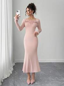 少女粉色方领蝴蝶结装饰腰部修身鱼尾下摆连衣裙，柔软甜美 - 粉色 - 查看 6