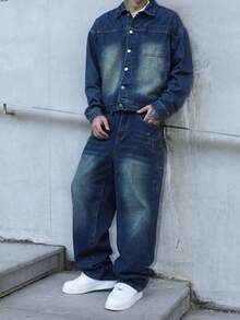 Claim Dot 男士复古牛仔两件套休闲夹克和阔腿裤，春秋季