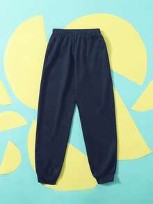 SHEIN 青少年男孩休闲针织抽绳腰运动裤，字母图案 - 藏蓝色 - 查看 2