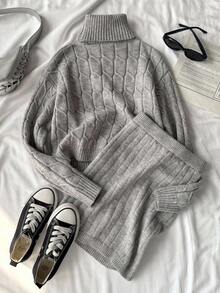 SHEIN 青少年灰色纯色毛衣套装，高领粗针织纹理简约套头毛衣上衣和针织裙，休闲日常通勤装，秋冬 - 灰色 - 查看 2