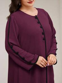 Veilorie 秋季大码女式优雅宽松长袍连衣裙，撞色饰边 - 酒紅色 - 查看 5