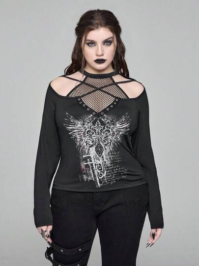 EDITION Große Größen Gothic Stil Mesh Neckholder Kreuz & Flügel Muster Langarm Bluse, Streetwear Große Größen T-Shirt für Herbst/Winter