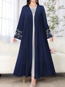 SHEIN Najma 女式花卉刺绣纹理印花仿珍珠图案休闲长袖阿拉伯长袍，适合春秋季节 - 彩色 - 查看 1