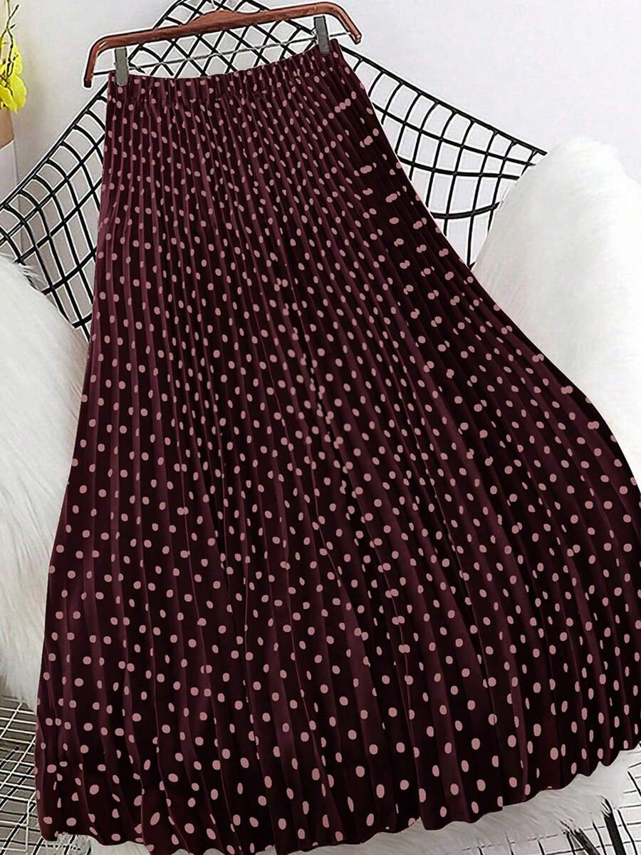 SHEIN Clasi 大码女式缎面圆点印花百褶休闲裙 - 咖啡棕 - 查看 1