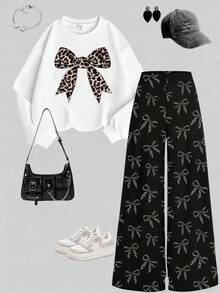 1 Set Conjunto de ropa personalizada de unicolor para niña preadolescente, conjunto informal de sudadera con estampado de leopardo y lazo gráfico con pantalones rectos, conjunto de 2 piezas cómodo de otoño/invierno para niñas