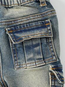 Baby Boy Y2k Retro Vintage Vintage Washed Ripped Frayed Raw Edges Patchwork High Stretch Slim Fit Blue Jeans With Cargo Pocket Fall Winter, Winter - Dark Wash - View 7